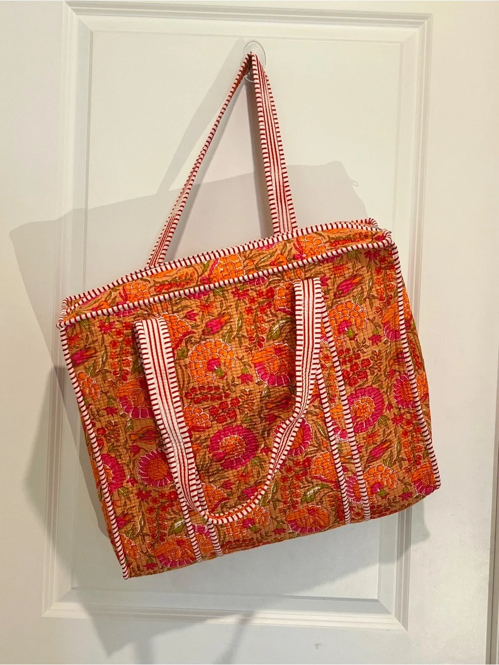 Quilted Floral Tote Bag in Orange & Pink